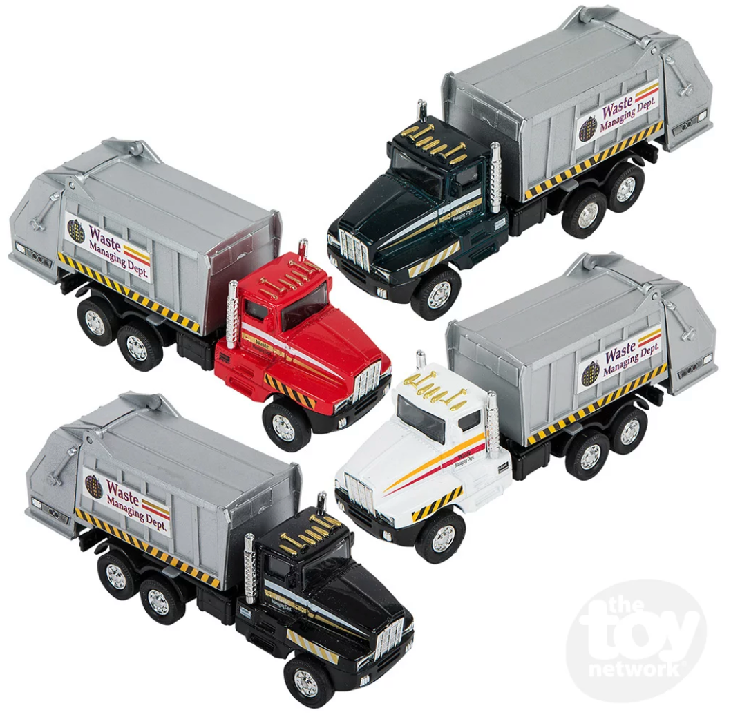 Garbage Truck toy set with die-cast metal and pullback action in assorted colors, 6-inch collectible vehicles.