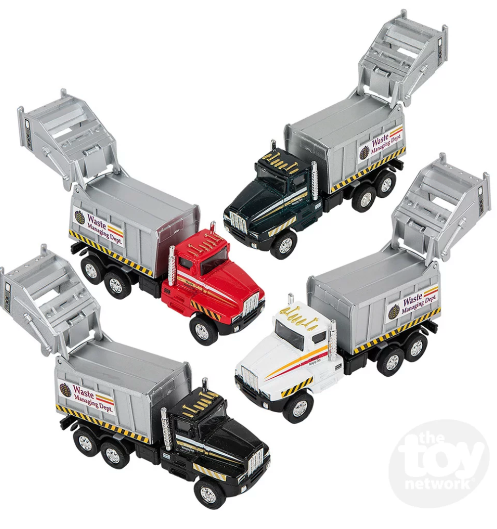 Garbage Truck toy set of 6" die-cast metal trucks with pullback action and opening back in assorted colors.