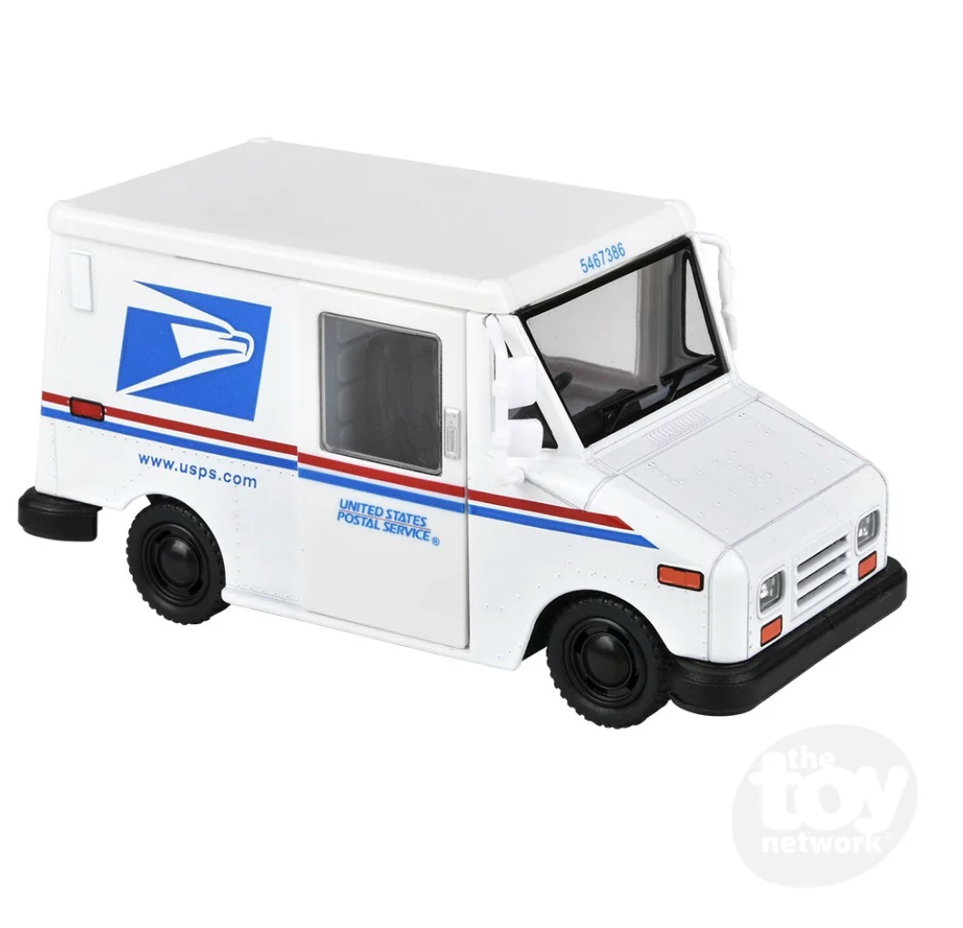 US Postal Service Mail Delivery Truck diecast model with openable doors and pull-back action, perfect for ages 3 and up.
