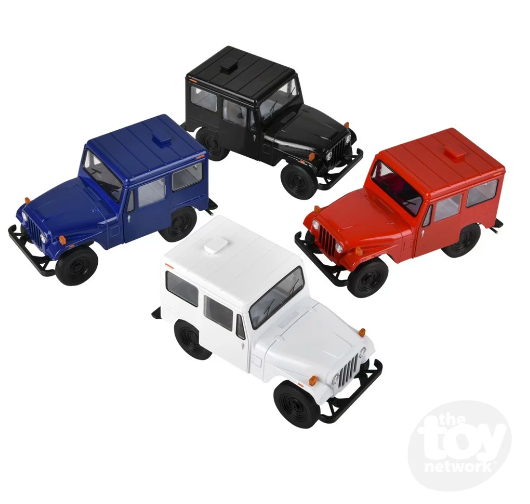Jeep DJ-5B 1971 diecast models in blue, black, red, and white with functional wheels and pull-back action.
