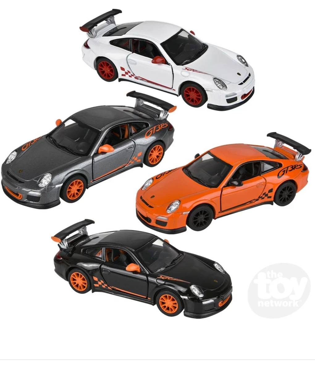 Four 5" Diecast Pull Back 2010 Porsche 911 GT3 RS models in assorted colors with detailed designs and openable doors.