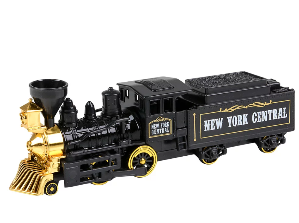 Steam Engine Locomotive die-cast model in black and gold with New York Central design, 10-inch pull-back toy train.