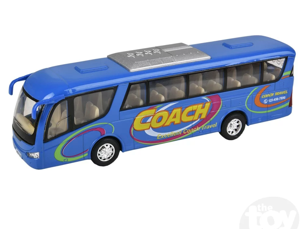 7" Diecast Pull Back Coach Bus toy in blue with openable doors and detailed design for kids ages 3 and up.