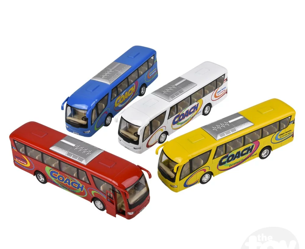 7" Diecast Pull Back Coach Bus in red, blue, white, and yellow with openable doors and pull-back action.