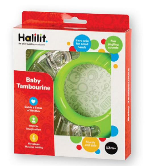 Baby Tamborine in green with 4 pairs of jingles, lightweight and safe for young music makers 12 months and older.