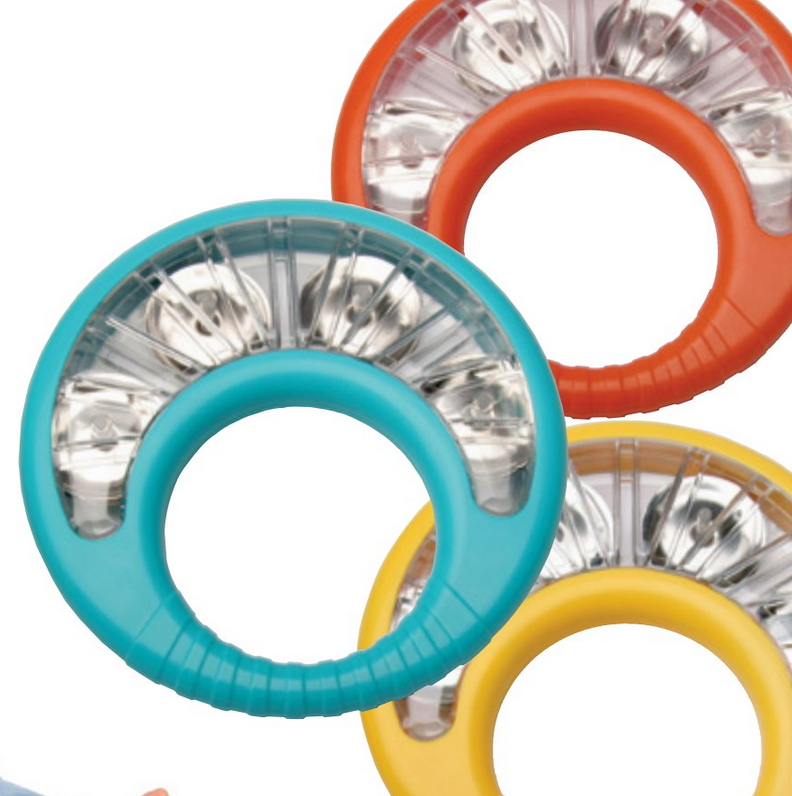 Colorful Baby Tamborine with 4 pairs of jingles, lightweight and safe design for young music makers aged 12 months and up.