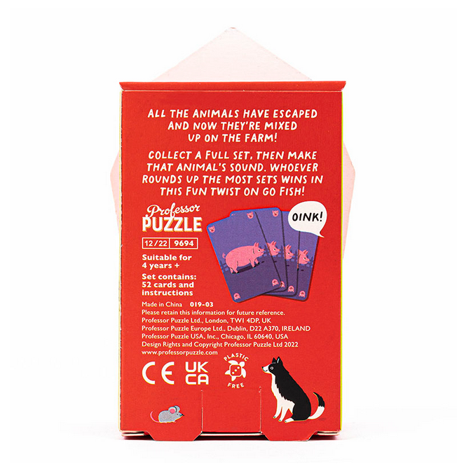 Back of Go Farm! card game box showing game details and animal illustrations for children aged 4 and up.