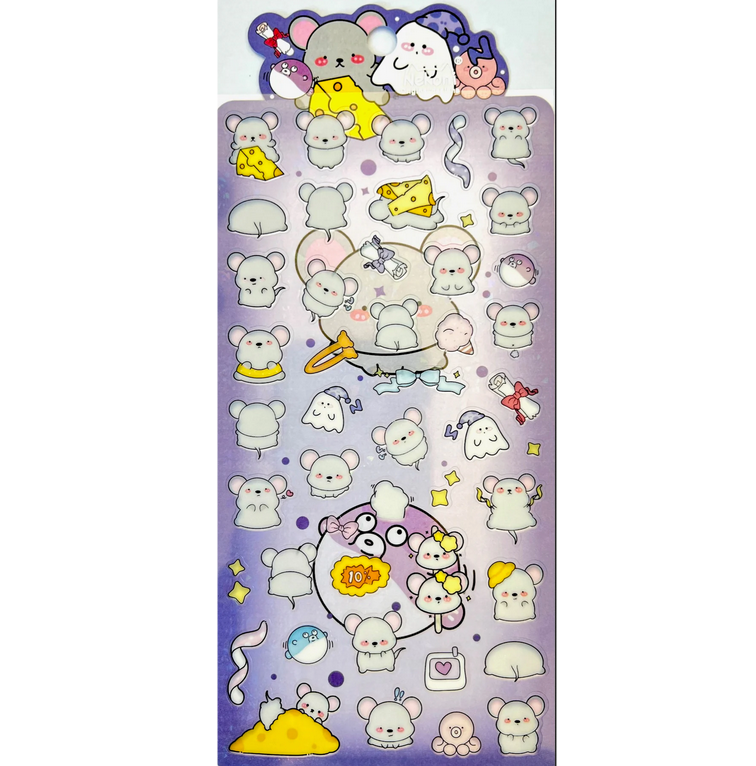 Mouse Party Stickers sheet featuring cute mice, cheese, ghosts, and playful designs for decorating notes and planners.