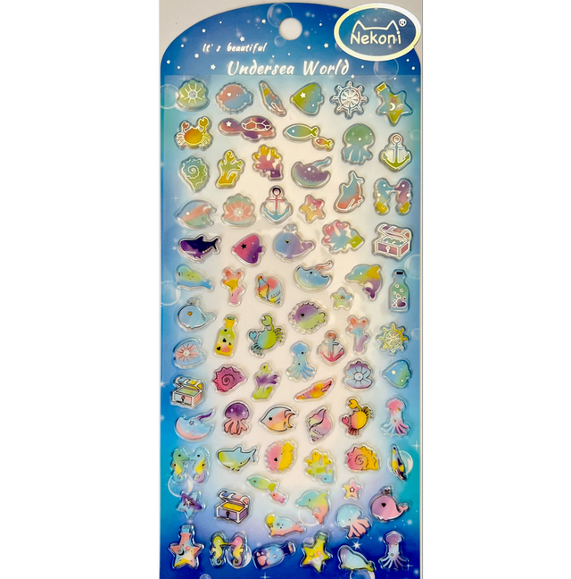 Ocean Shiny Rainbow Stickers featuring colorful underwater creatures and objects on one sheet for creative decoration.