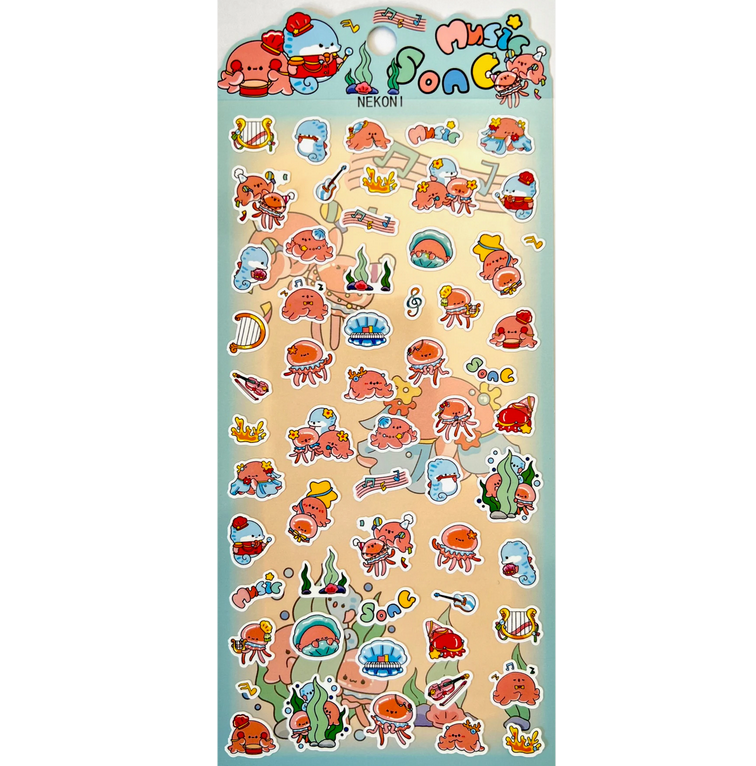 Ocean Music Stickers sheet with colorful ocean creatures playing instruments for notes, planners, and creative projects.