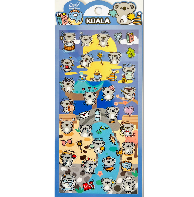 Koala Party Stickers sheet featuring cute koala designs with various accessories for notes, planners, and crafts.