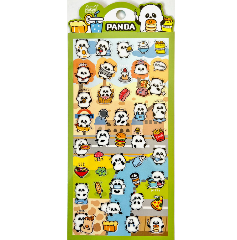 Panda Lunch Stickers sheet with cute panda characters and food-themed designs for notes, planners, and letters.