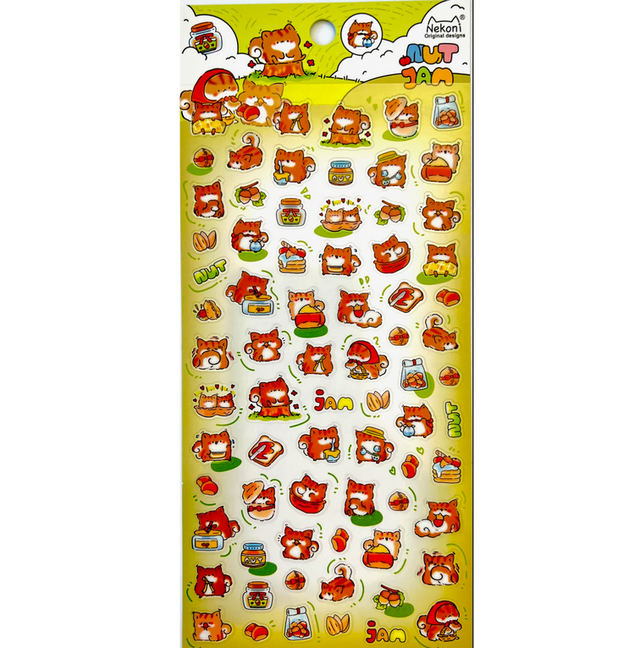 Squirrel Party Stickers sheet featuring cute squirrel characters with nuts, jars, and playful designs for creative projects.