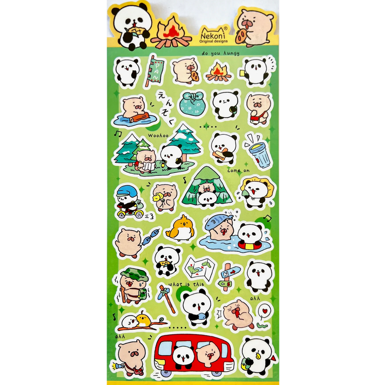 Panda & Beaver Camping Stickers sheet featuring cute camping-themed panda and beaver characters for notes and planners.