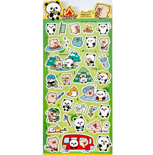 Panda & Beaver Camping Stickers sheet featuring cute camping-themed panda and beaver characters for notes and planners.