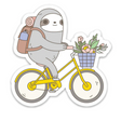 Biking Sloth Sticker showing a cute sloth riding a yellow bike with a basket of flowers on a white background.