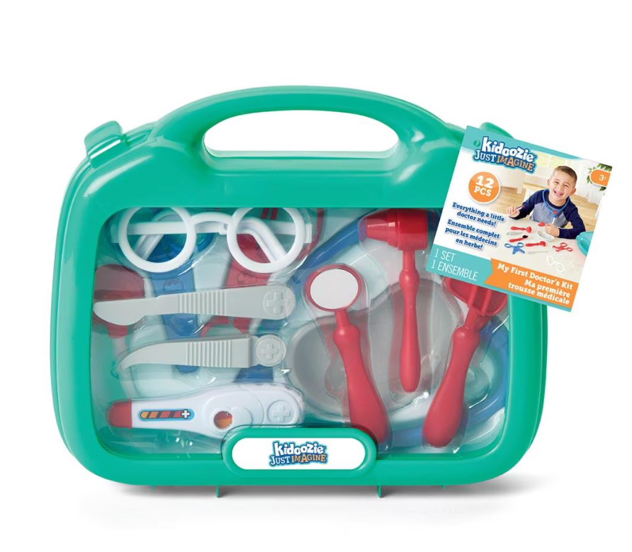 Doctor Kit with medical case, thermometer, reflex hammer, stethoscope, and other tools for kids' pretend play.