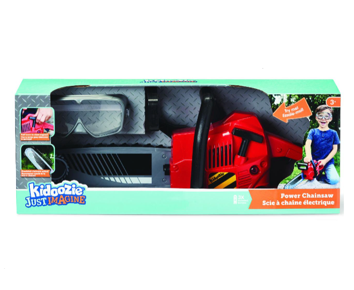 Power Chainsaw toy set with realistic sound, lights, and rotating blade for pretend play, includes goggles and starter handle.
