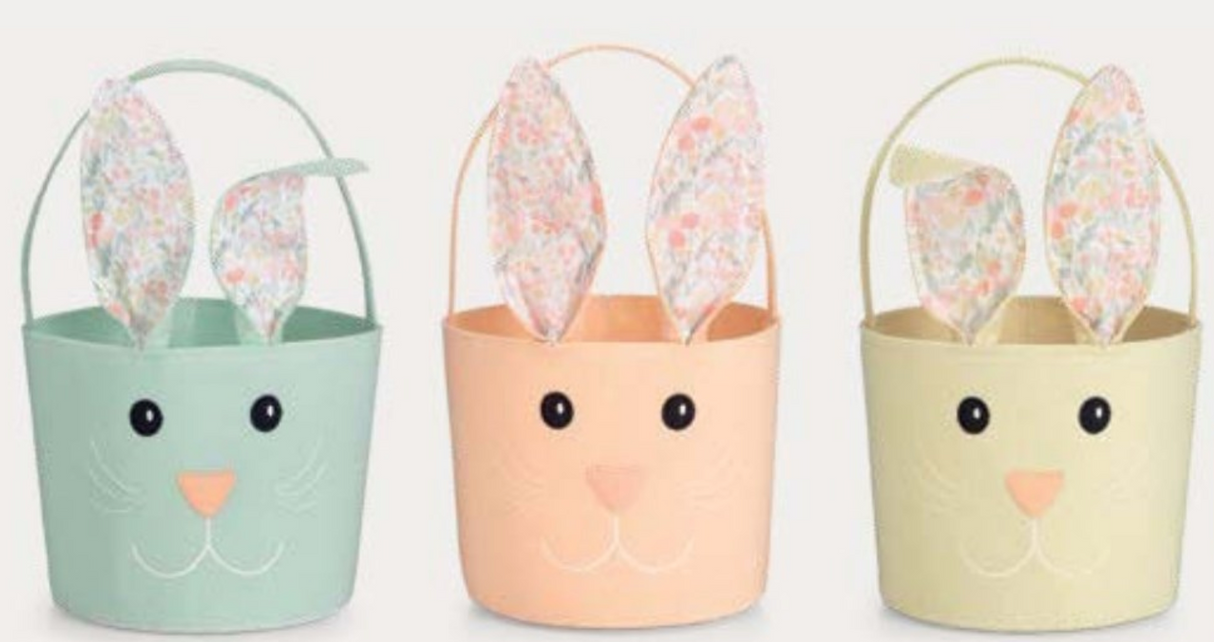Bunny Cloth Bag trio in pastel colors with fabric ears and cute tails, perfect for Easter gift holding and decoration.
