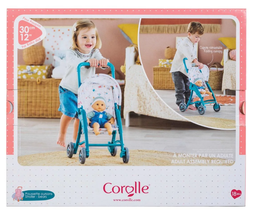 Stroller Teal with teal frame and folding canopy, fitting 12-inch baby dolls for toddlers 18 months and up.