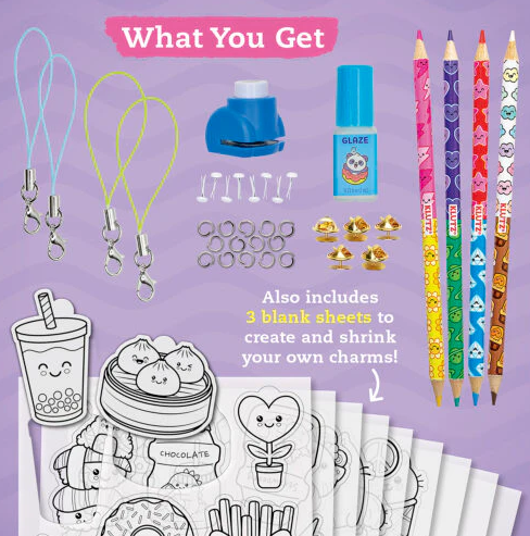 Color & Shrink Charms Kawaii Style kit with pencils, shrink plastic sheets, hardware, and glaze for making adorable charms.