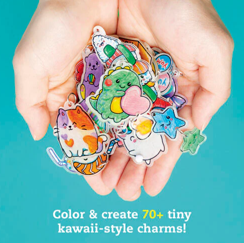 Color & Shrink Charms Kawaii Style showing hands holding colorful, tiny kawaii-style shrink charms.