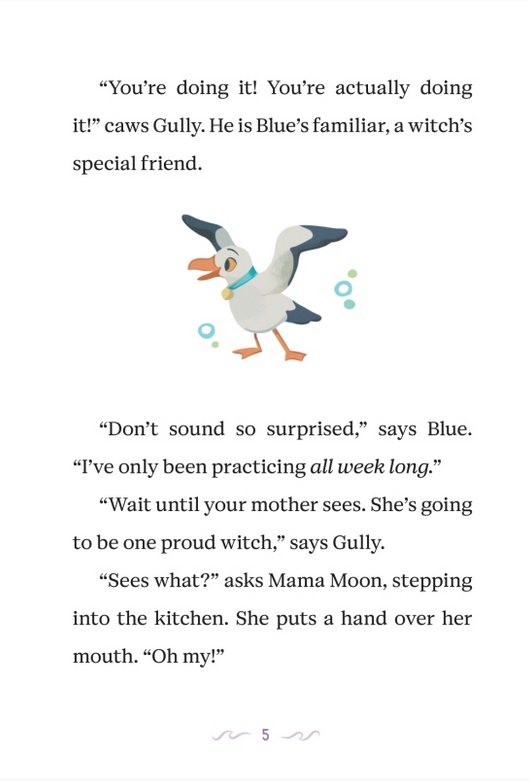 Illustration of Gully the seagull, Blue’s magical familiar, next to text of a conversation between Blue, Gully, and Mama Moon.