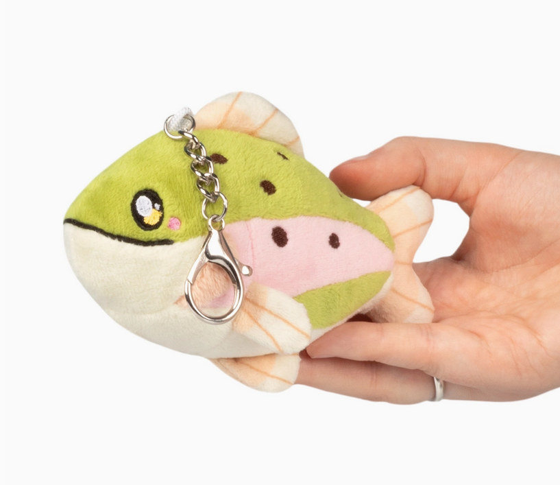 Soft green and pink fish plush with embroidered eyes and attached metal clasp held in a hand
