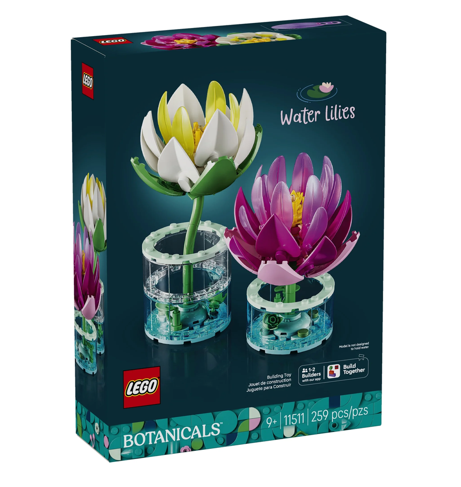 Botanicals Water Lilies building set box with colorful white and pink water lily models in clear display pots