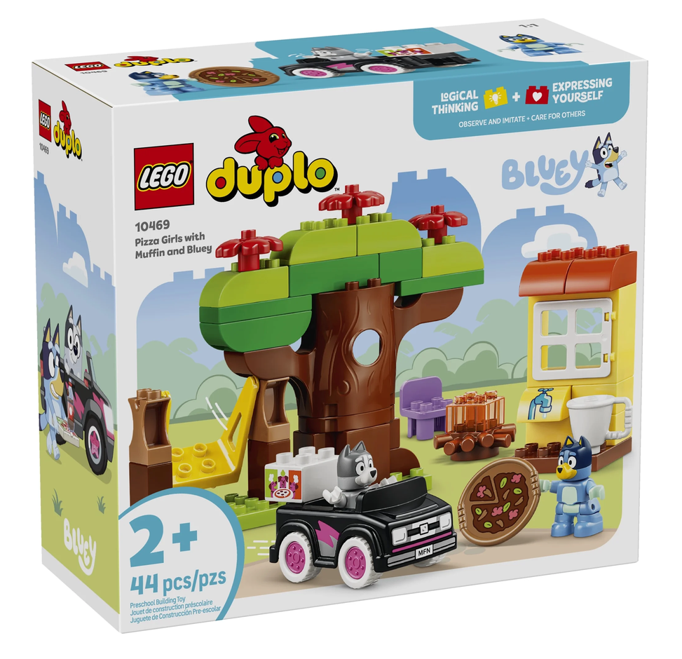 Duplo Bluey Pizza Girls with Muffin & Bluey toy set packaging with treehouse and character figures