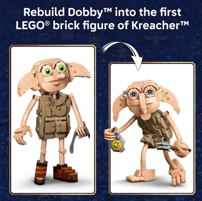 Harry Potter Dobby the Free Elf figure shown in two playful poses beside LEGO bricks