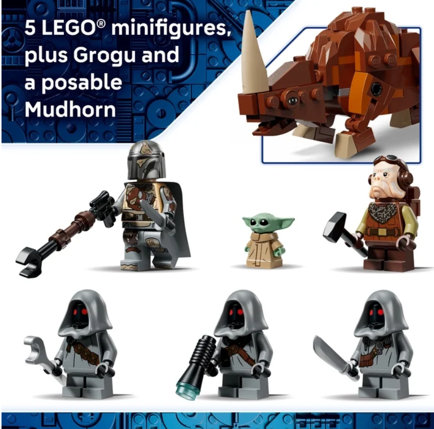 Star Wars Offworld Sandcrawler and Mudhorn LEGO set with minifigures and Grogu