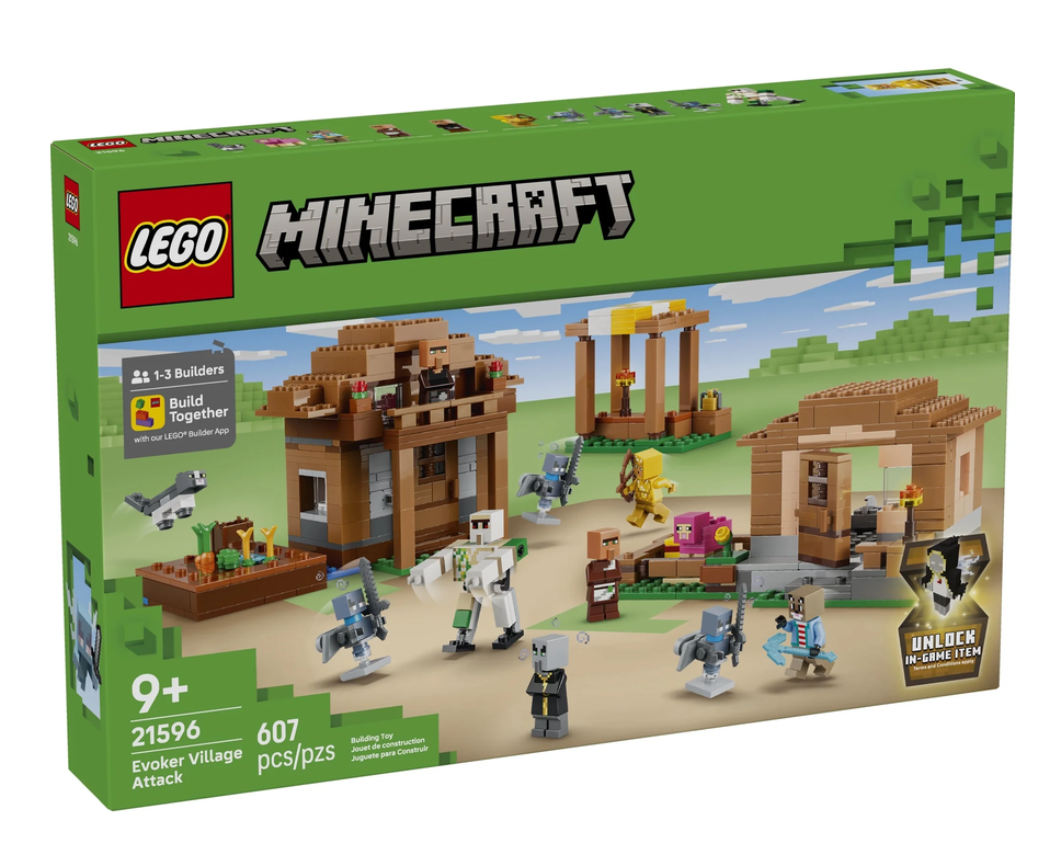 Minecraft Evoker Village Attack building set box showing a Minecraft village battle scene