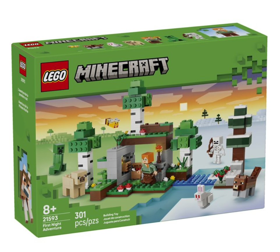 Minecraft First Night Adventure building set box featuring blocky characters and an outdoor survival scene