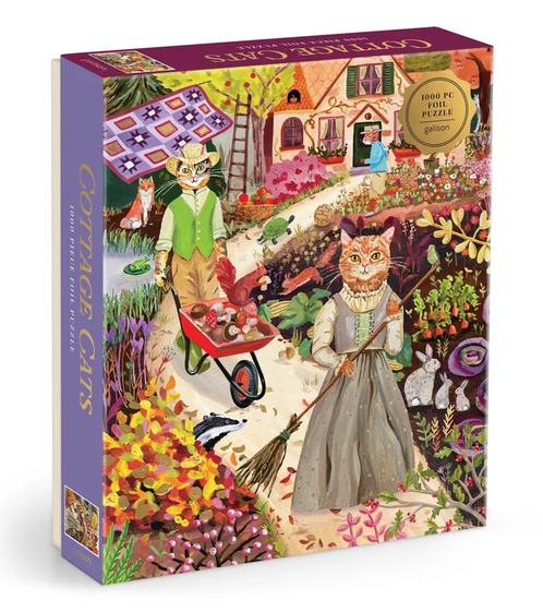 1000pc Cottage Cats Puzzle box featuring colorful cats gardening in a cottage garden