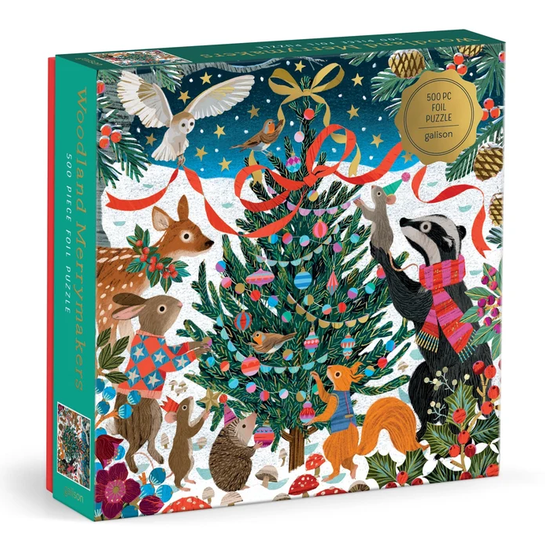 500pc Woodland Merrymakers Foil Puzzle featuring festive woodland animals around a decorated Christmas tree