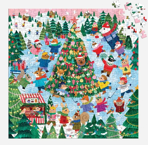 500pc Winter Whirl Family Puzzle featuring festive animals around a decorated Christmas tree