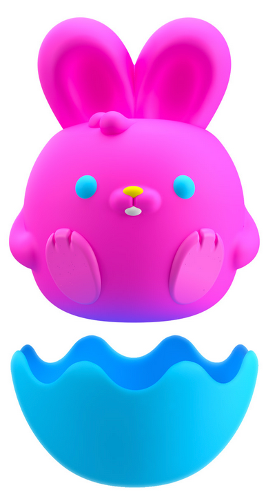 NeeDoh Easter Friend pink bunny with blue removable eggshell stand, soft squishable toy for squeezing fun.