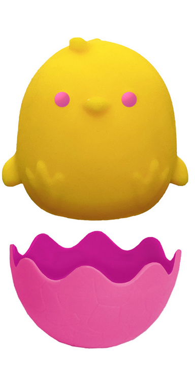 NeeDoh Easter Friend yellow chick squishy toy with removable pink eggshell display stand, soft and squeezable.