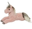 Unicorn Mauve Esme plush toy lying down with dusty rose coat, silvery horn, amber eyes, and grey-white mane and tail.