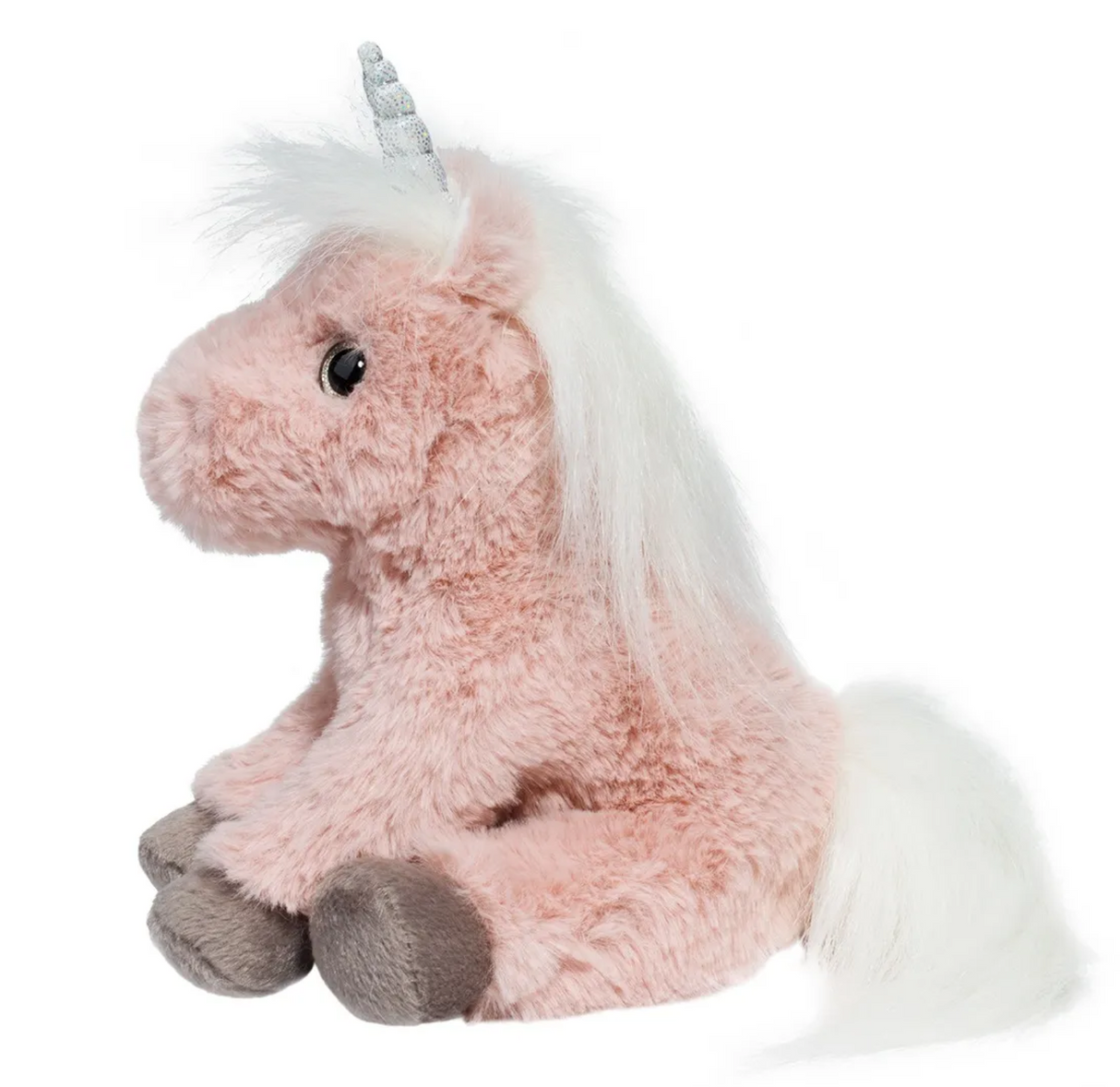Unicorn Melodie plush in dusty rose with silver horn, silky white mane and tail, seated with weighted floppy feel.