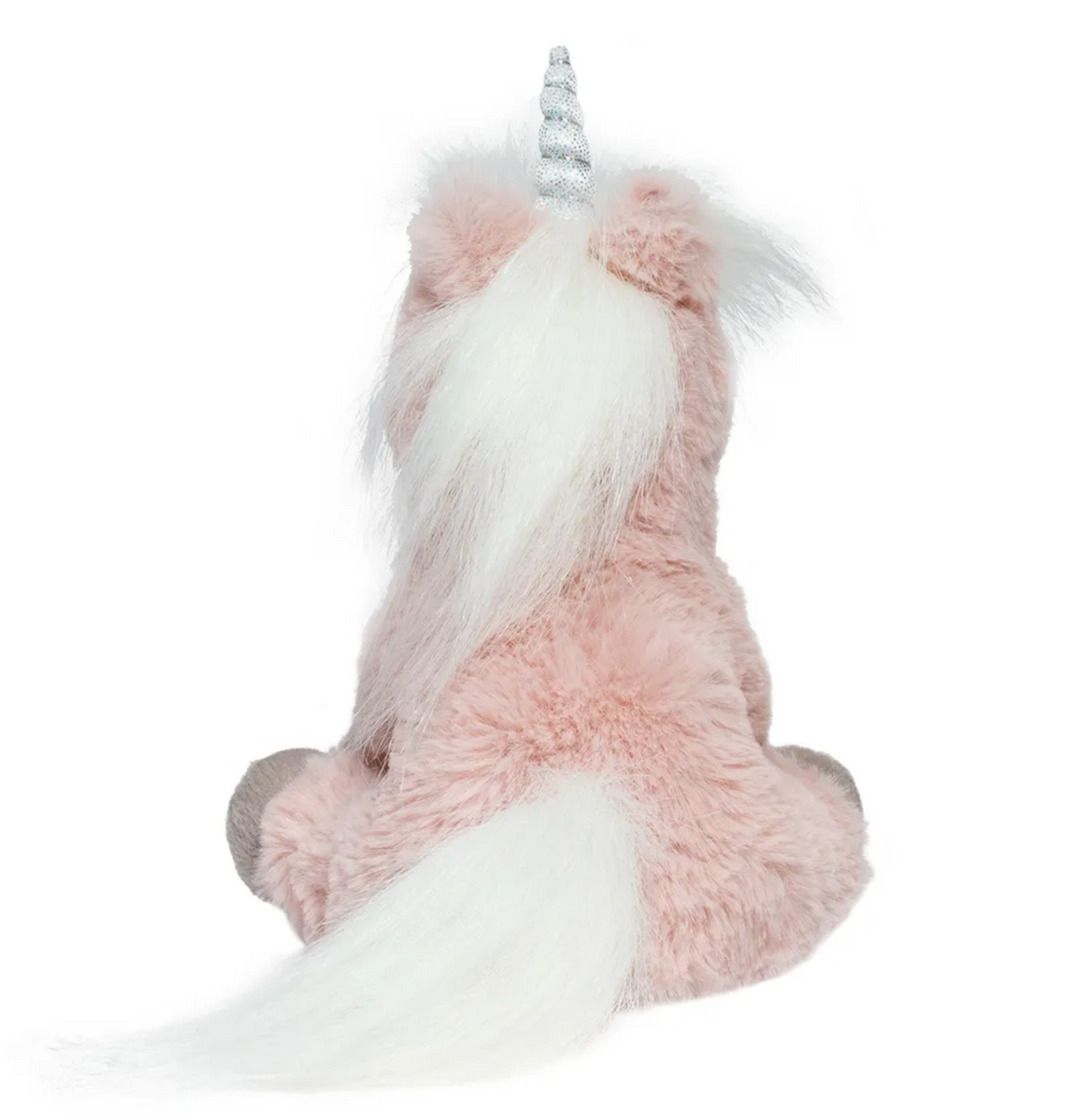 Unicorn Melodie plush toy showing back view with soft pink coat, white mane and tail, and spiraled silver horn.