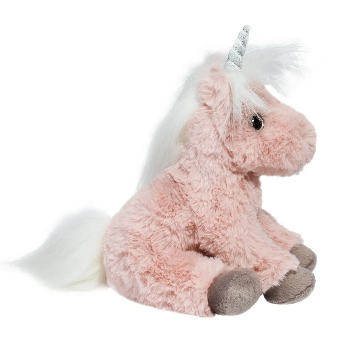 Unicorn Melodie mini plush in soft pink with silver horn, white mane, gray hooves, seated pose, and floppy feel.
