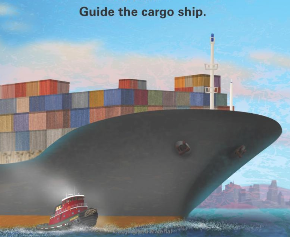 Illustration from Wake Up Tug! BB showing a tugboat guiding a large cargo ship carrying colorful containers.
