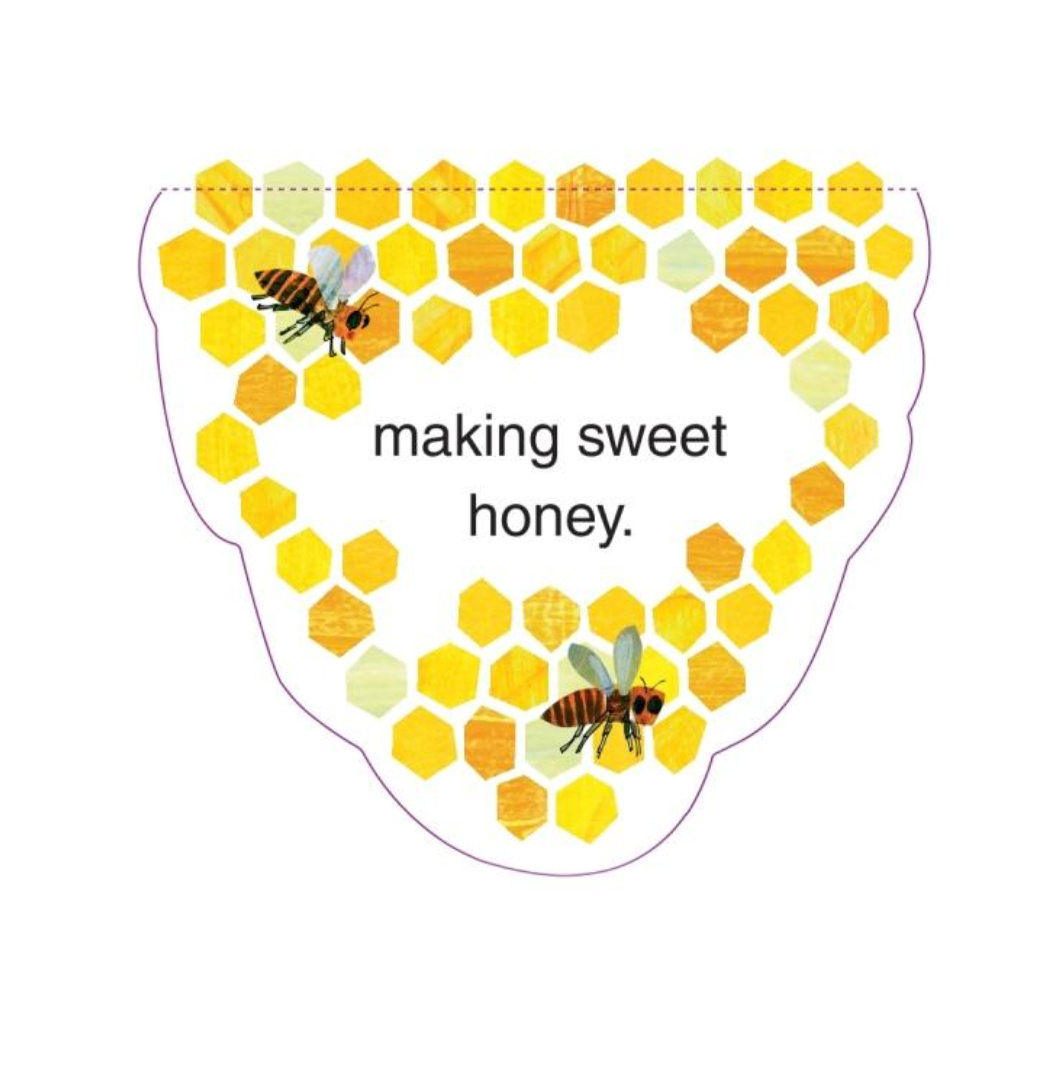 Illustration of bees making honey on a honeycomb from Very Hungry Caterpillar's Forest Hide & Seek book page.