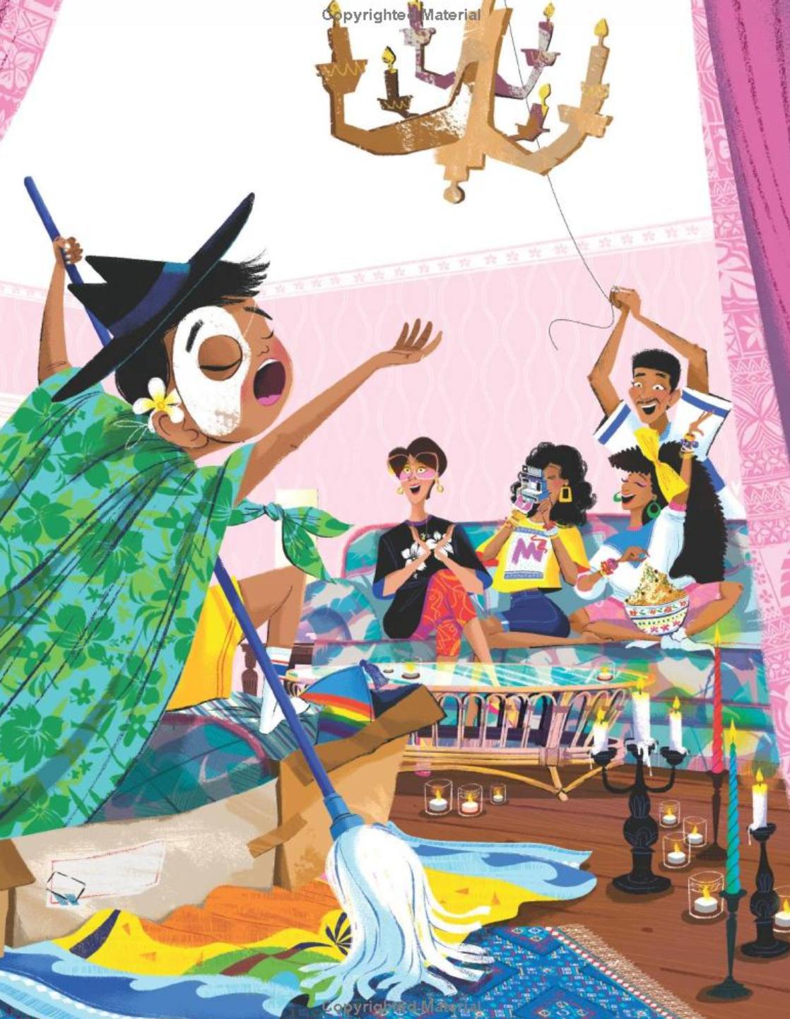 Illustration from I Am a Rainbow! showing Mark in a green cape performing for friends in a colorful room.