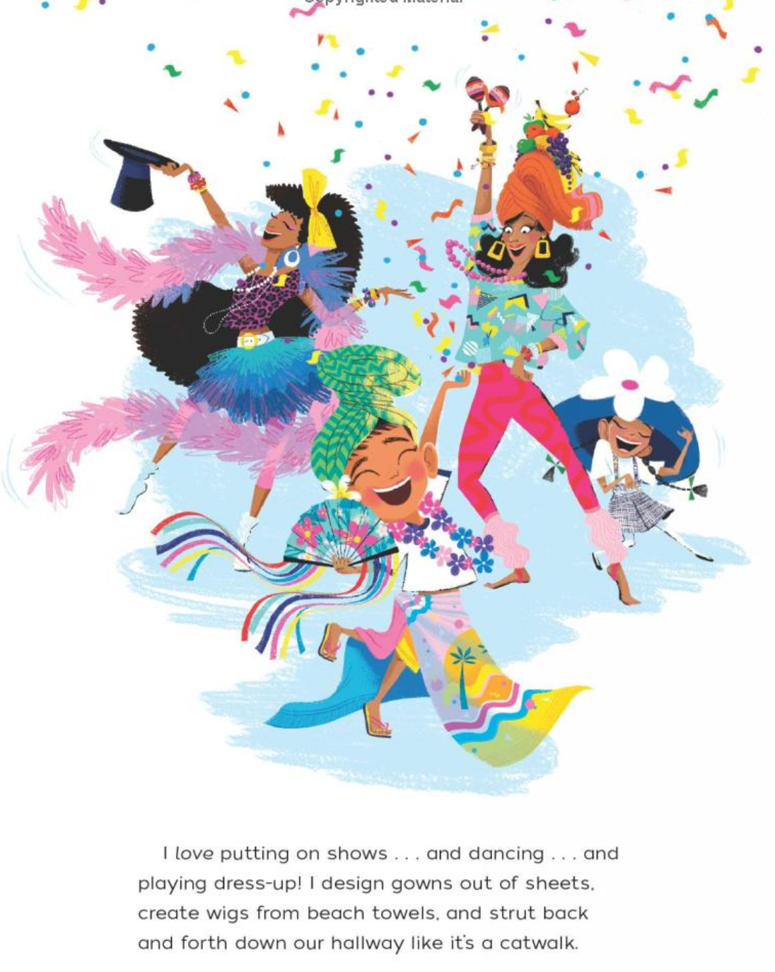 Illustration from I Am a Rainbow! showing joyful kids dancing and dressing up in colorful costumes and flowing capes.