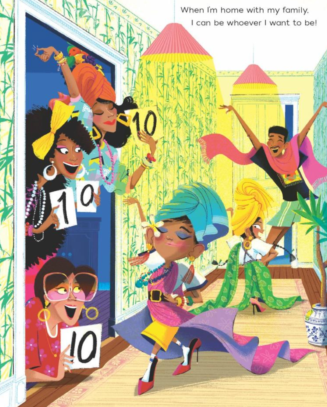 Illustration from I Am a Rainbow! showing joyful kids dancing and celebrating uniqueness in colorful outfits at home.