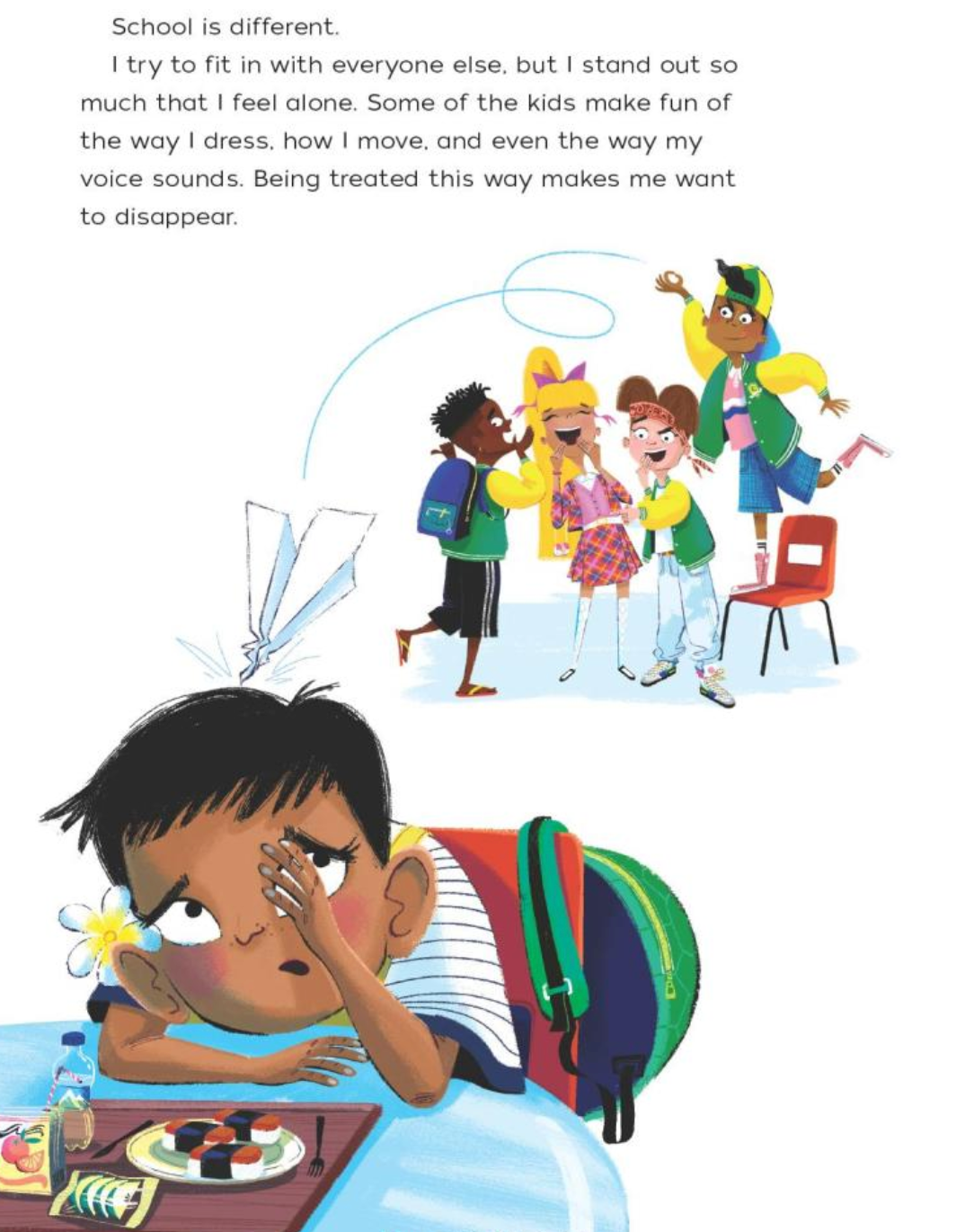 I Am a Rainbow!" illustration of sad child at lunch feeling alone while classmates tease him at school.