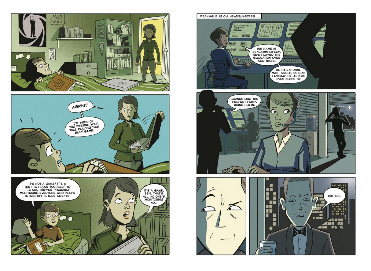 Spy School the Graphic Novel comic panels showing scenes of spying, training, and CIA headquarters activities.